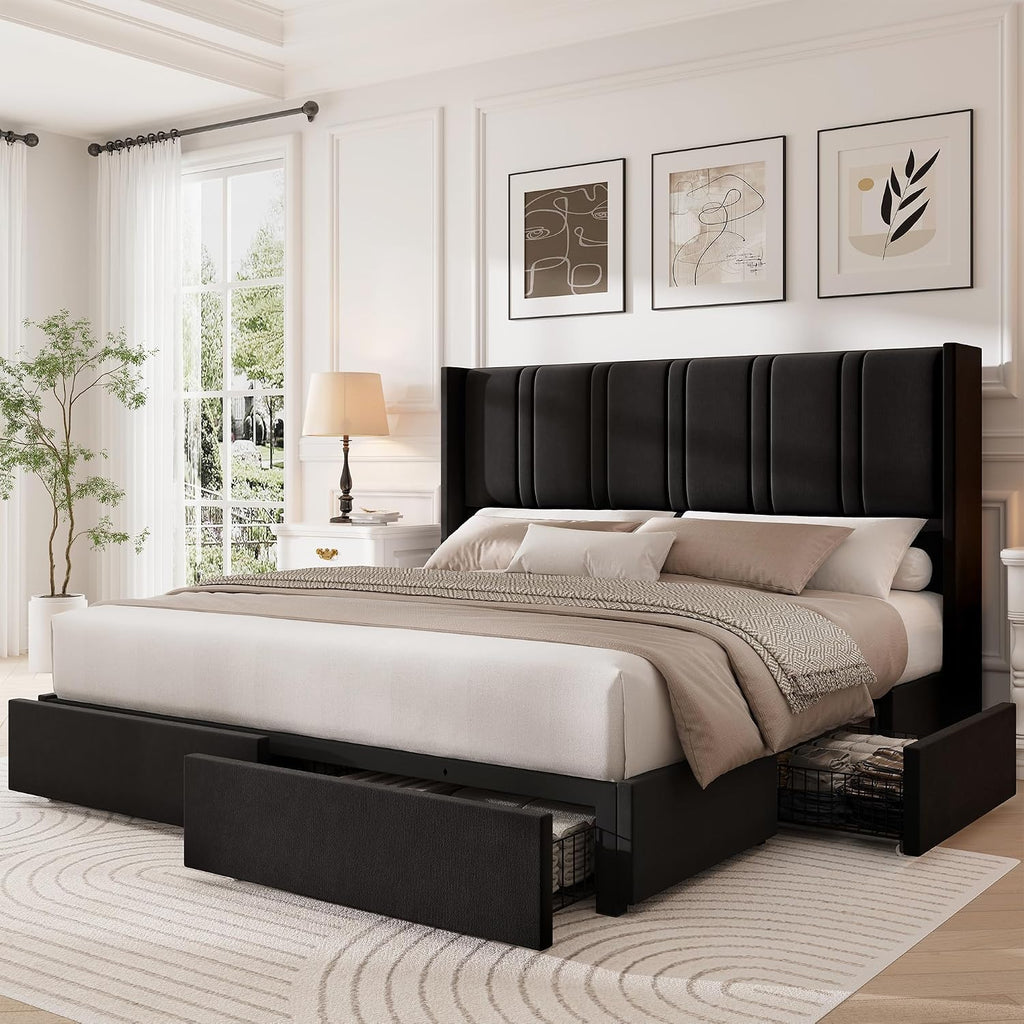Queen Size Bed Frame with 4 Storage Drawers and Wingback Headboard Linen Upholstered Platform Bed Frame with Wooden Slats, Easy Assembly, White