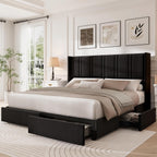 Queen Size Bed Frame with 4 Storage Drawers and Wingback Headboard Linen Upholstered Platform Bed Frame with Wooden Slats, Easy Assembly, White
