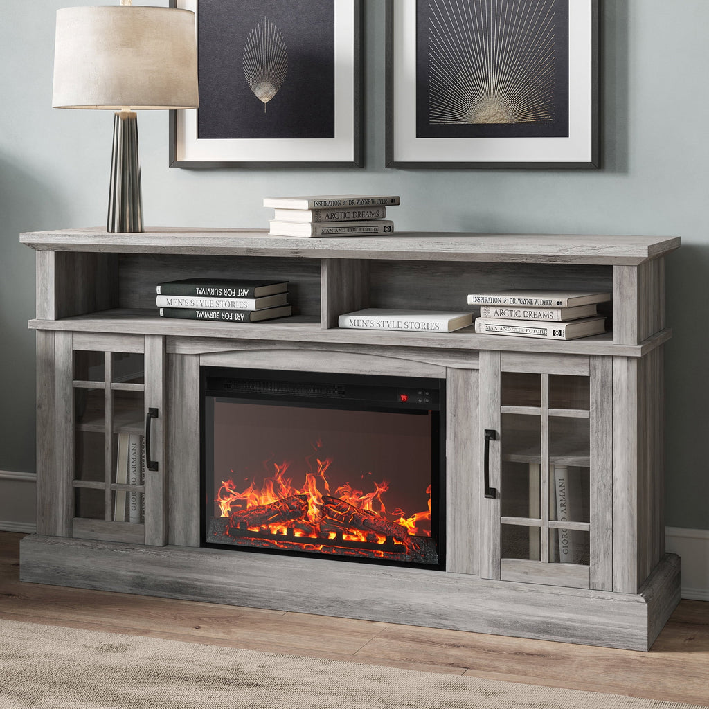 BELLEZE 58" TV Stand with 23" Electric Fireplace, Fireplace TV Console for TVs up to 65", Home Entertainment Center with Storage Cabinet and Adjustable Shelves - Astorga (Gray Wash)