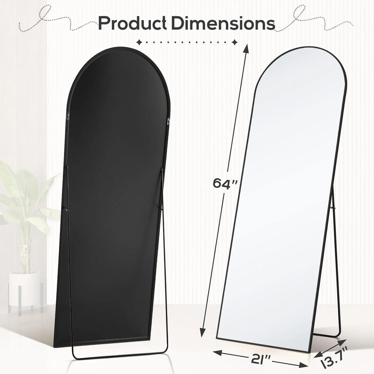 21x64 Full Length Arched Mirror, Large Tall Body Dressing Mirror with Aluminum Alloy Frame, Stand and Wall Mount Option