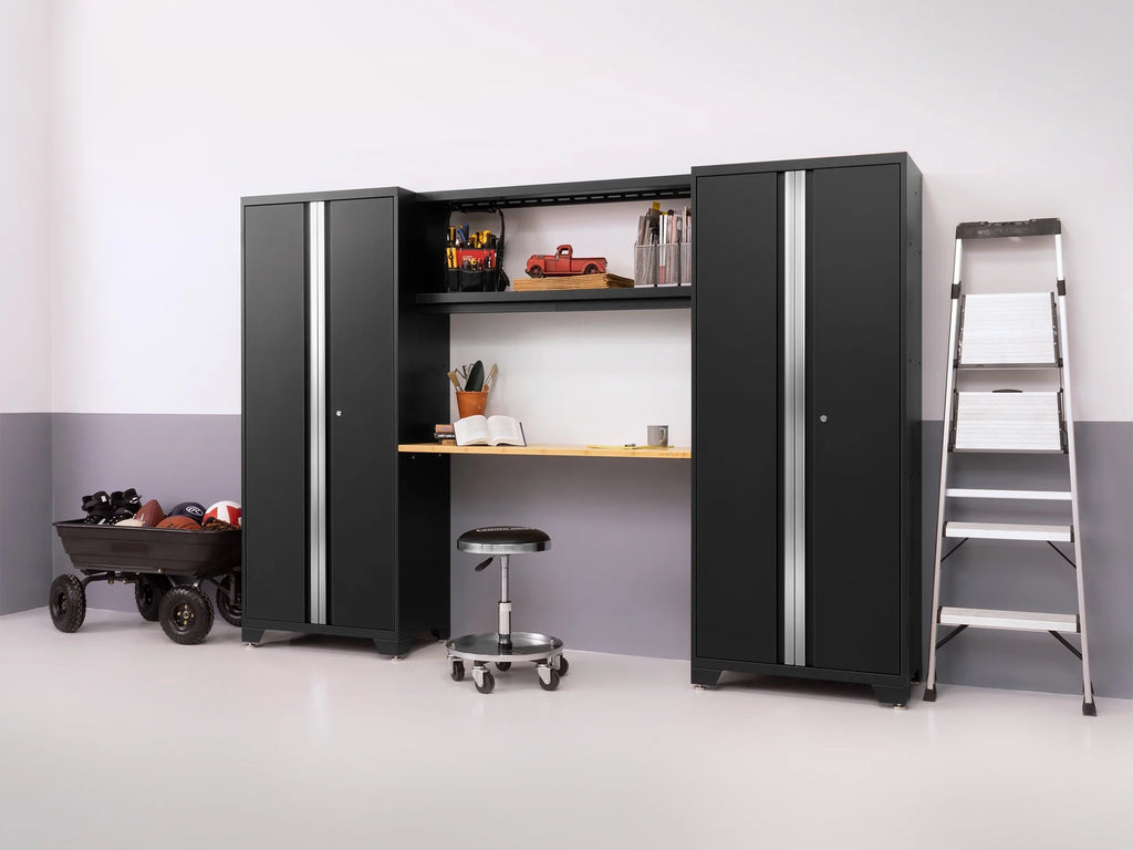 NEWAGE PRODUCTS INC. Bold Steel 7-Piece Garage Storage Cabinet Set Black with Bamboo Worktop