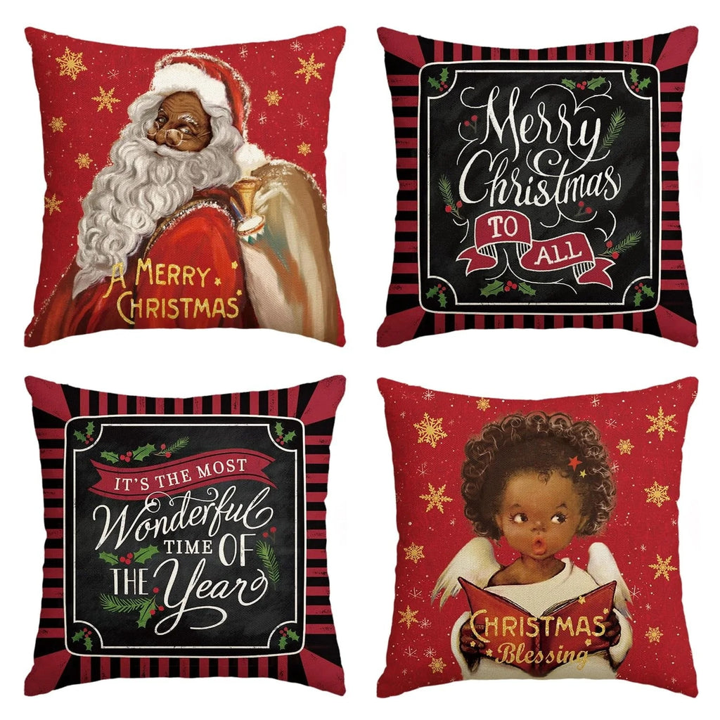 Artoid Mode Merry Christmas Santa Claus Angel Girl Xmas Pillow Covers 4-Pack 18 x 18 Red Black Square Decorative Winter Farmhouse Outdoor Throw Pillow Case