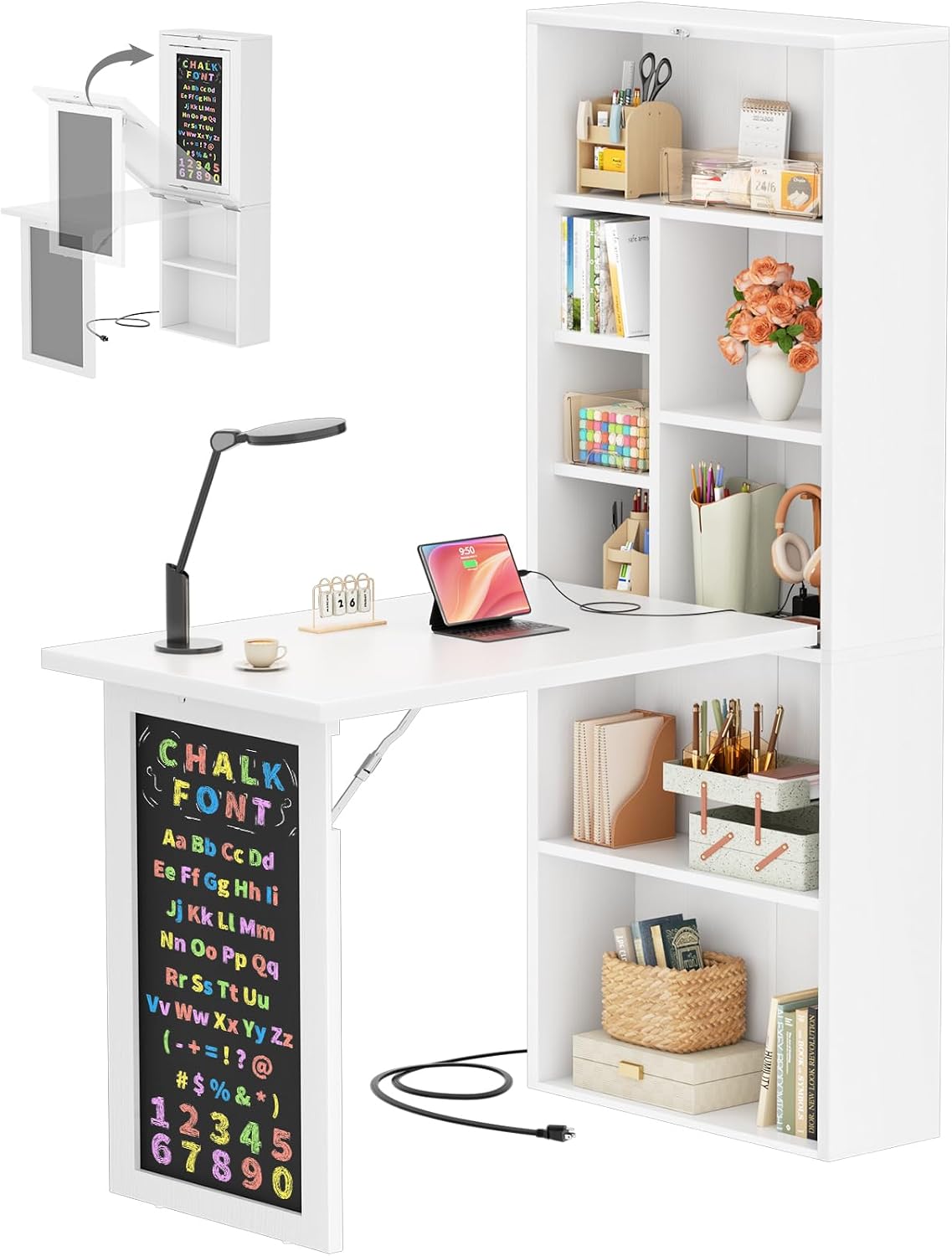 Small Folding Desk with Outlets, Fold-Out Murphy Desk Craft Table