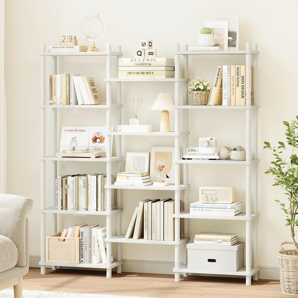 Wooden Triple Wide Bookshelf, 5-Tier Large Open Bookcase, White