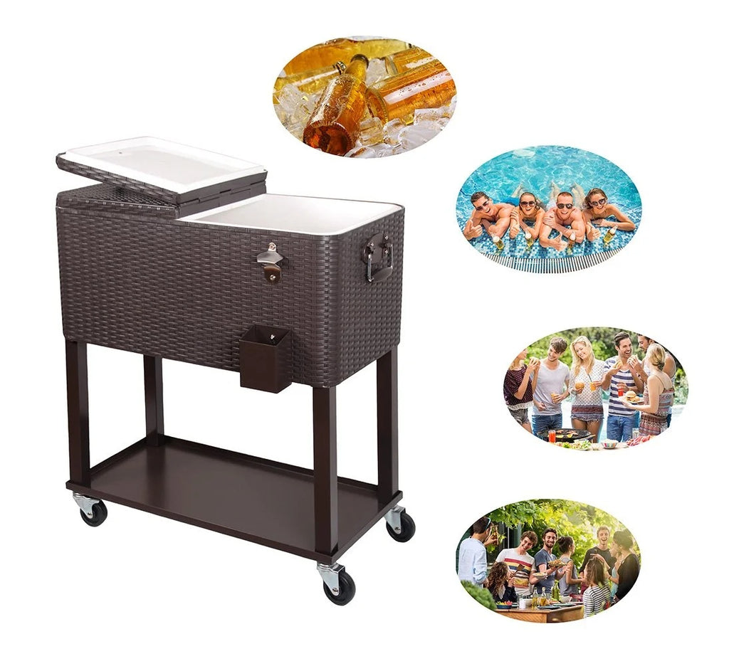 EasingRoom Iron Spray Plastic Patio Cooler Cart with Tray Cooler with Shelf Green