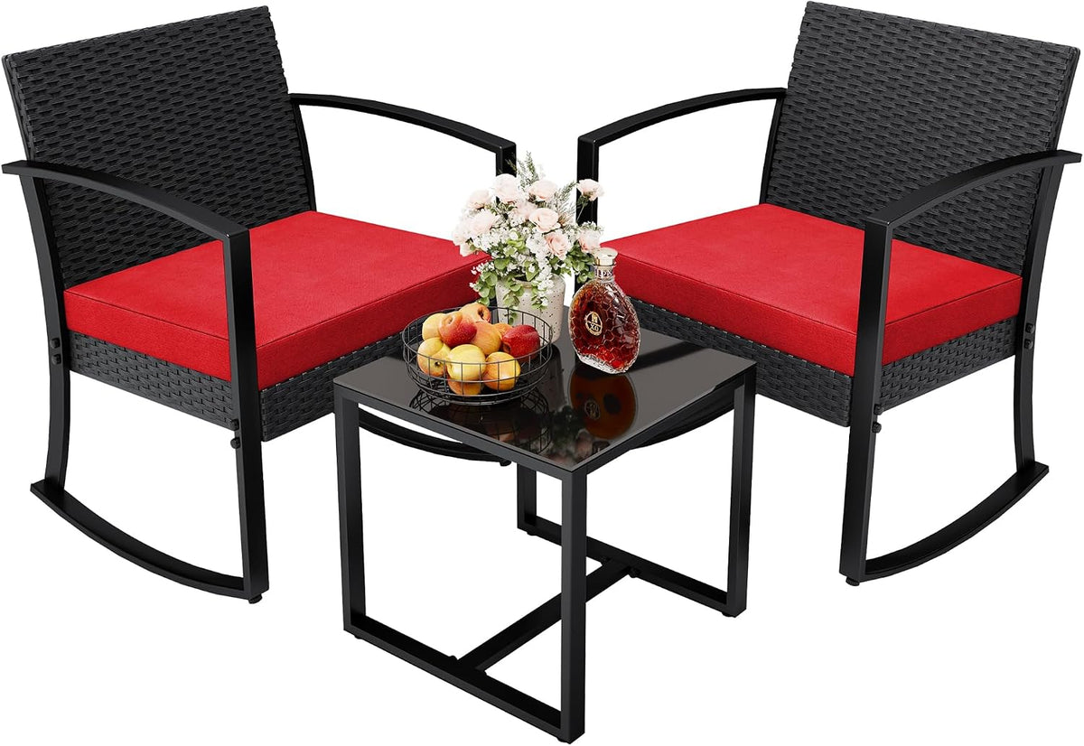 3 Pieces Outdoor Furniture Set, Patio Bistro Rocking Chairs with Glass Coffee Table for Pool, Beach, Backyard, Balcony, Porch, Deck, Garden, Black