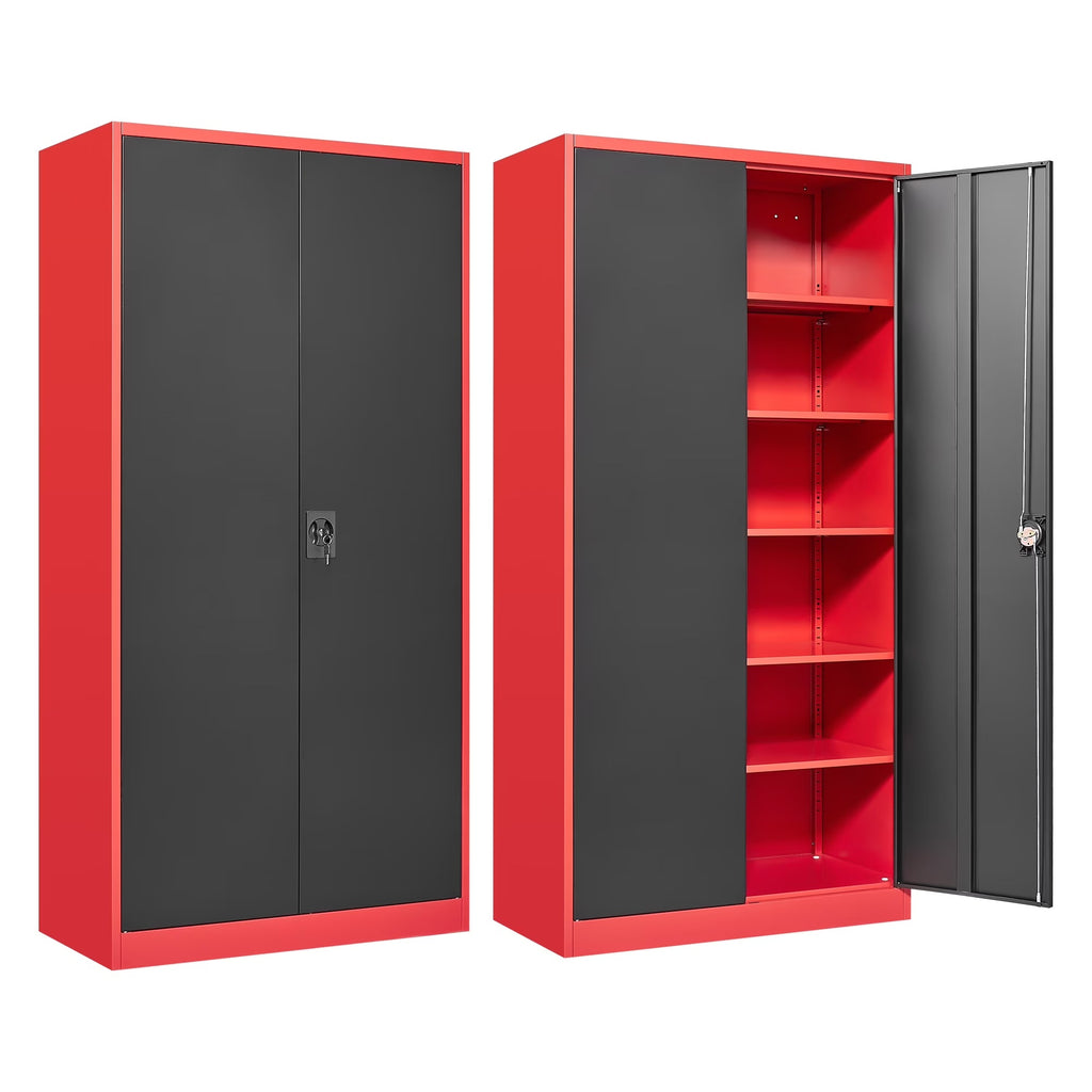 AUHUP 71" Metal Cabinet with 5 Adjustable Shelves, Garage Storage Cabinets with Locking Doors,Tool Storage Cabinet for Home Office,Warehouse,Workshop(Red Black)