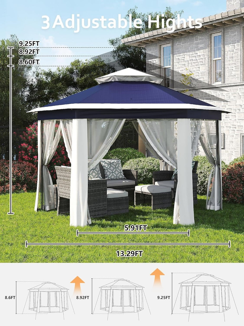 13x13 Gazebo Outdoor Canopy Shelter,Instant Patio Gazebo Sun Shade Canopy Tent with 6 Zippered Mesh Netting and Strong Steel Frame for Lawn,Garden,Backyard,Deck Party