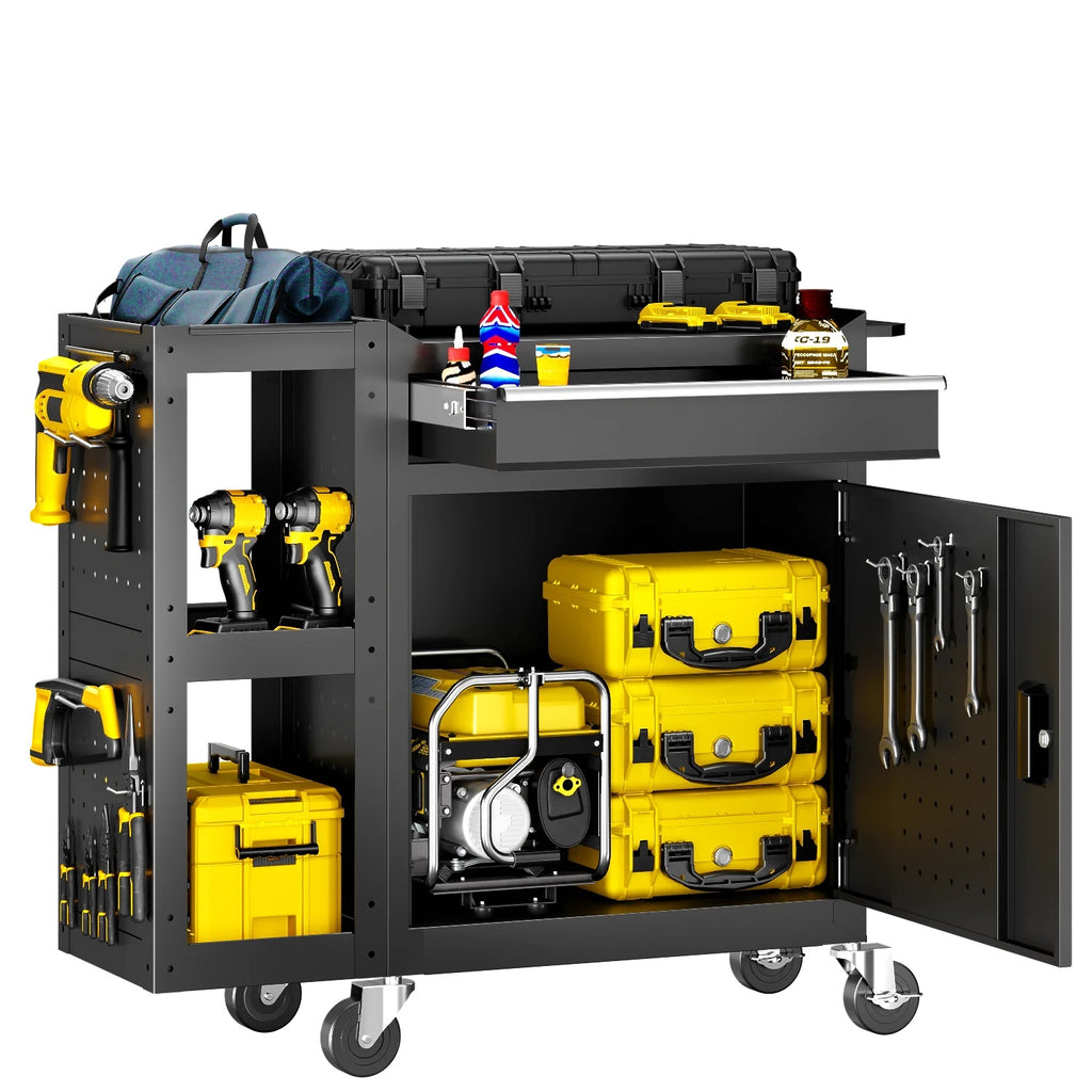 Gewna 5 Drawers Rolling Garage Tool Chest with Locking System,Metal  Storage Cart  with Side Cabinet,Protective Liner & Tool Rack for Garage Workshop