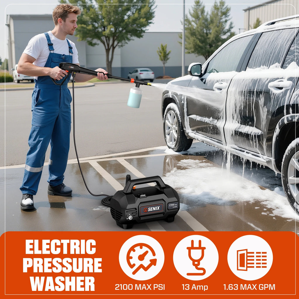 SENIX 2100 PSI Electric Pressure Washer with Foam Cannon, Brushless Motor,Lightweight & Portable, for Car House Patio Driveway Deck Fence, Outdoor Cleaning Power Washer