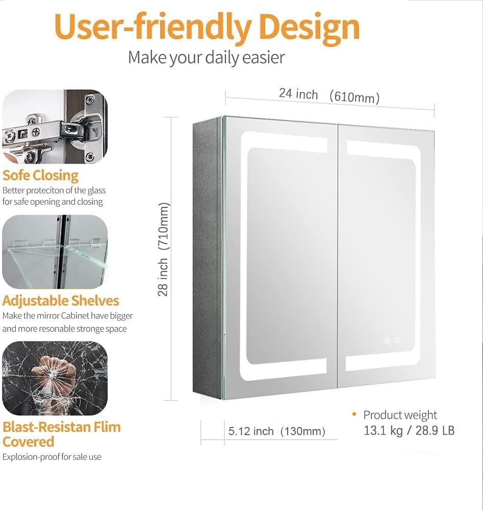 24 Inch x 28 Inch Illuminated LED Mirror Cabinet for Bathroom, Stainless Steel Wall Mounted Medicine Cabinet with Double Touch Switches for Color Change, Dimmer & Anti-Fog Function