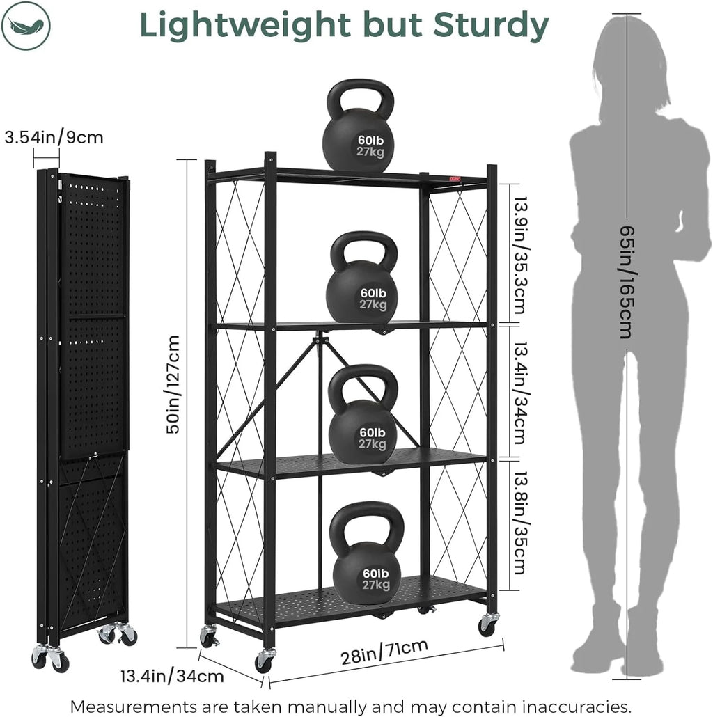 4 Tier Foldable Storage Shelves with Wheels, Large Capacity Shelving Unit, Freestanding Metal Wire Shelf Rack, No Assembly Organizer Rack for Garage Kitchen, Basement, Pantry(Black)