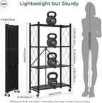 4 Tier Foldable Storage Shelves with Wheels, Large Capacity Shelving Unit, Freestanding Metal Wire Shelf Rack, No Assembly Organizer Rack for Garage Kitchen, Basement, Pantry(Black)