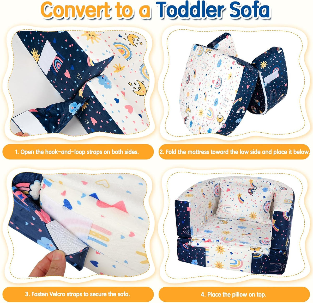2-in-1 Toddler Travel Bed, Portable Foldable Toddler Floor Bed Converts to Soft Sofa, Kids Travel Couch with Removable Washable Cover, Ideal for Camping, Picnic, Hotel & Sleepovers