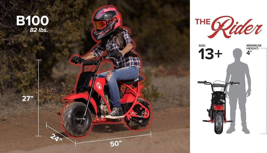 B100 105cc Gas Powered Minibike for Kids and Adults, 1-Cylinder, 4-Stroke, 22 Mph, 150 lbs Maximum Load, Ideal for Off-Road and Trail Riding