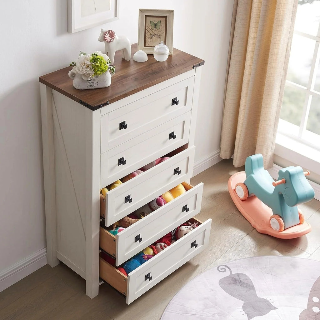 48 Inch Tall Farmhouse Wood Dresser, 5 Drawer Chest of Drawers for Bedroom