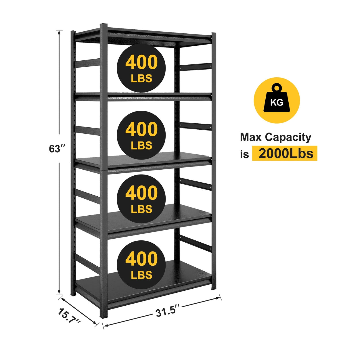 COOKCOK 5-Tier Storage Shelving Unit, Metal Shelf, 39.4"x15.8"x 63", Adjustable Garage Storage Shelf, Load Up to 2000LBS, Kitchen Shelf with Protective Side