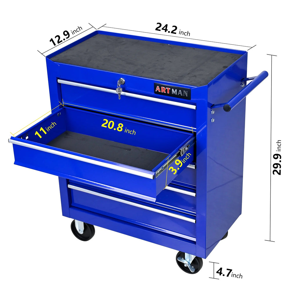 5-Drawer Rolling Tool Chest on Wheels, 24-inch Tool Storage Cabinet with Locking System for Garage Workshop Warehouse Repair Shop, Red