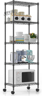 5-Tier Storage Shelf Wire Shelving Unit on Wheels, Adjustable Heavy Duty Metal Shelves with Side Hooks, Steel Rack Organization for Kitchen Garage Basement, Silver