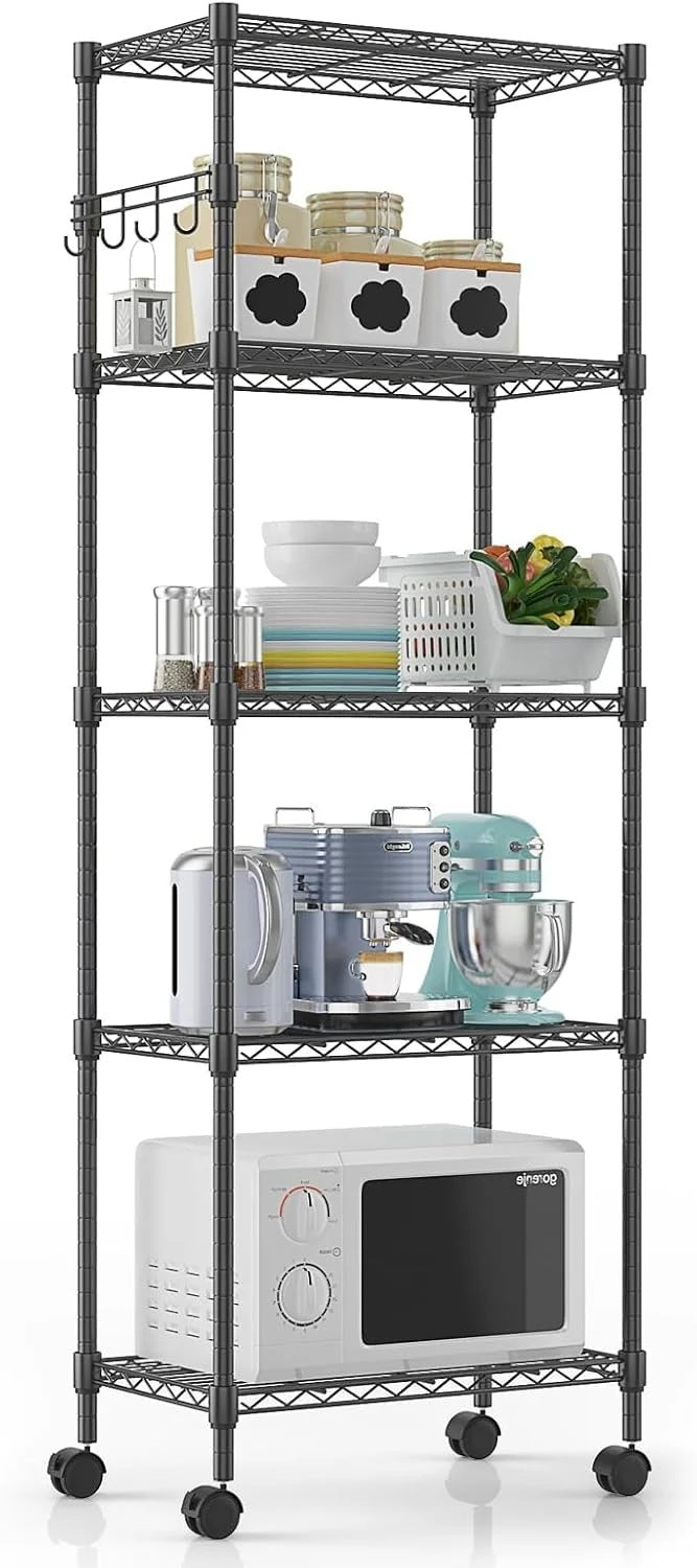 5-Tier Storage Shelf Wire Shelving Unit on Wheels, Adjustable Heavy Duty Metal Shelves with Side Hooks, Steel Rack Organization for Kitchen Garage Basement, Silver