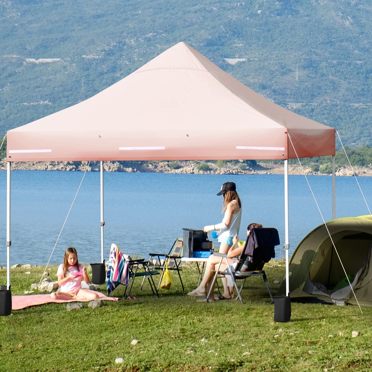 Patiojoy 10x10ft Pop up Tent, 4 Height Adjustment Folding Camping Tent with Awning Blue