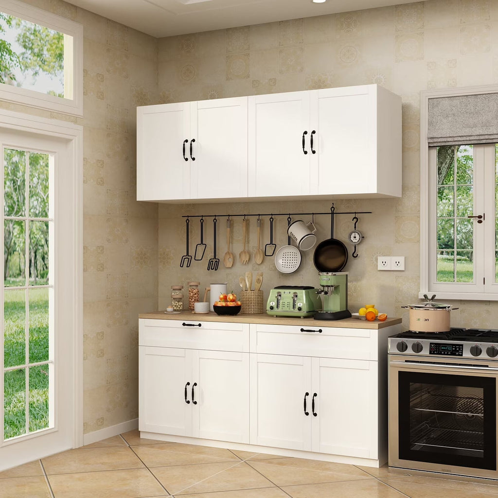 KULAGAGA Kitchen Cabinet with Wall Mounted Hutch, Sideboard Storage Cupboard with Drawers for Home, White