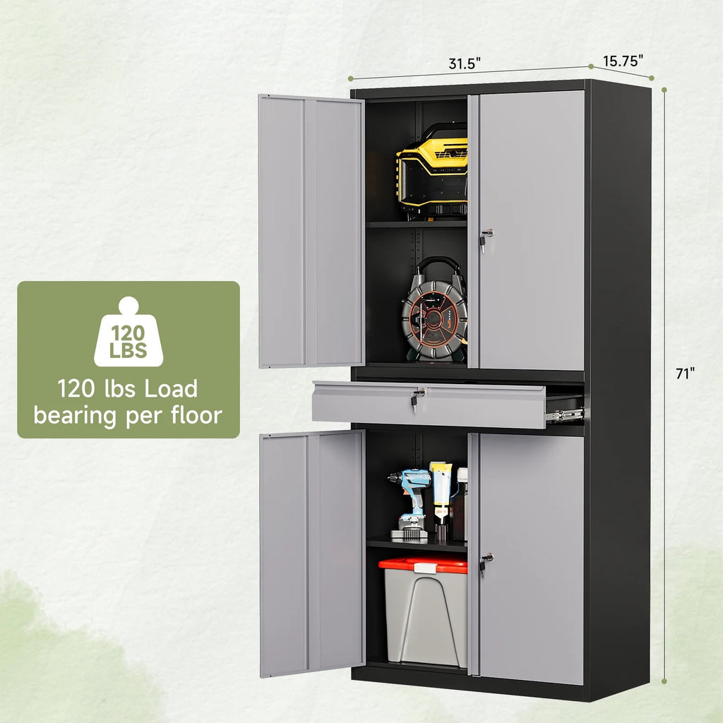 STANI Metal Garage Storage Cabinets with Drawer, 4 Doors Tool Storage Cabinet with 2 Adjustable Shelves, 73"H Rolling Steel Locking Cabinet for Garage Utility Room Home Office (Black, 4 Wheel)