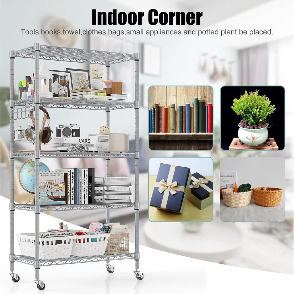 5-Tier Storage Shelf Wire Shelving Unit on Wheels, Adjustable Heavy Duty Metal Shelves with Side Hooks, Steel Rack Organization for Kitchen Garage Basement, Silver