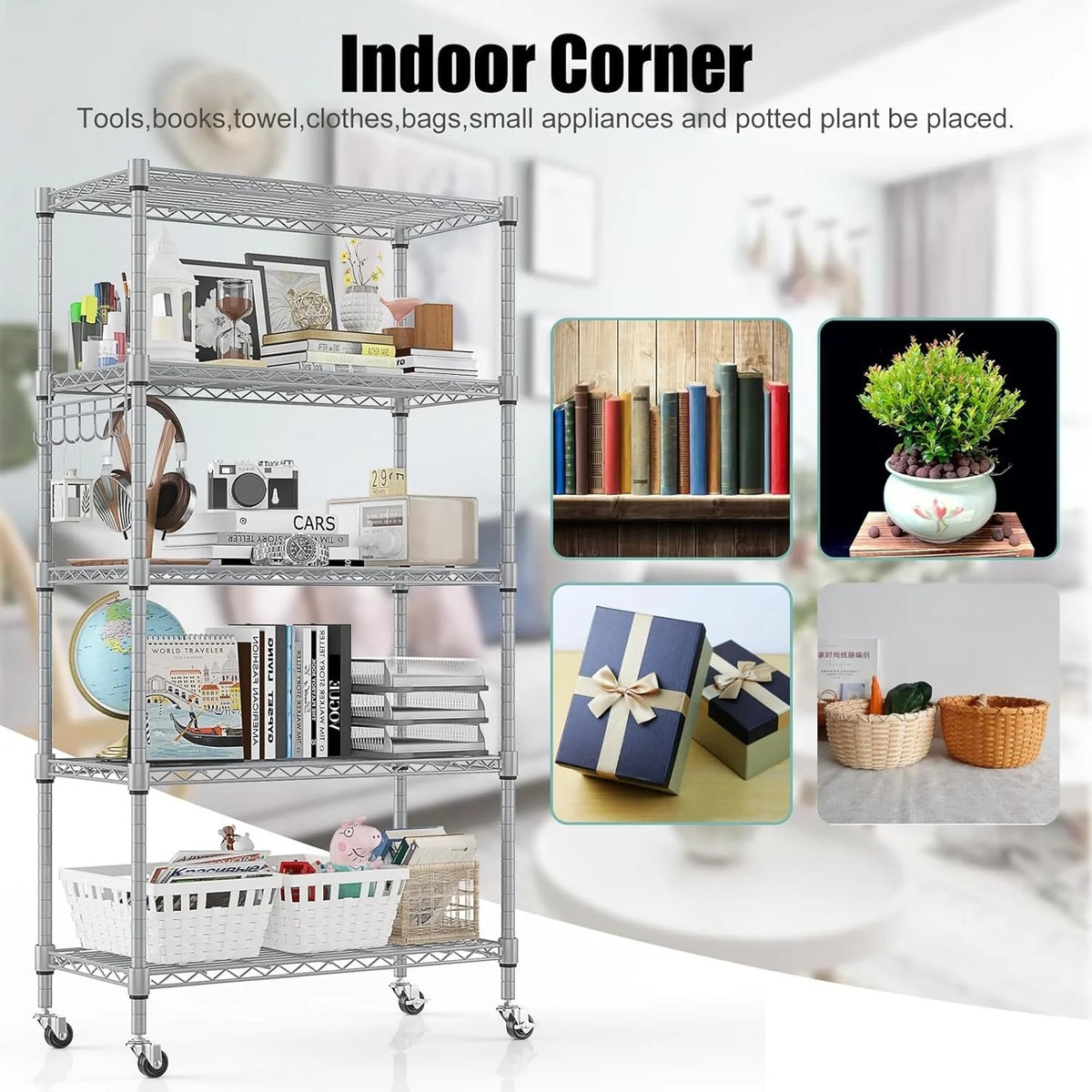 5-Tier Storage Shelf Wire Shelving Unit on Wheels, Adjustable Heavy Duty Metal Shelves with Side Hooks, Steel Rack Organization for Kitchen Garage Basement, Silver