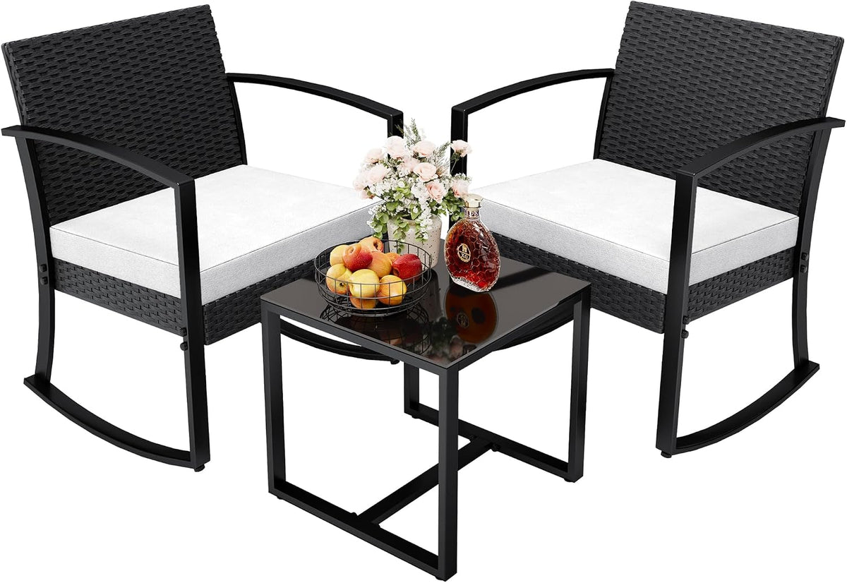 3 Pieces Outdoor Furniture Set, Patio Bistro Rocking Chairs with Glass Coffee Table for Pool, Beach, Backyard, Balcony, Porch, Deck, Garden, Black