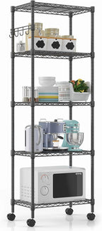 5-Tier Storage Shelf Wire Shelving Unit on Wheels, Adjustable Heavy Duty Metal Shelves with Side Hooks, Steel Rack Organization for Kitchen Garage Basement, Silver