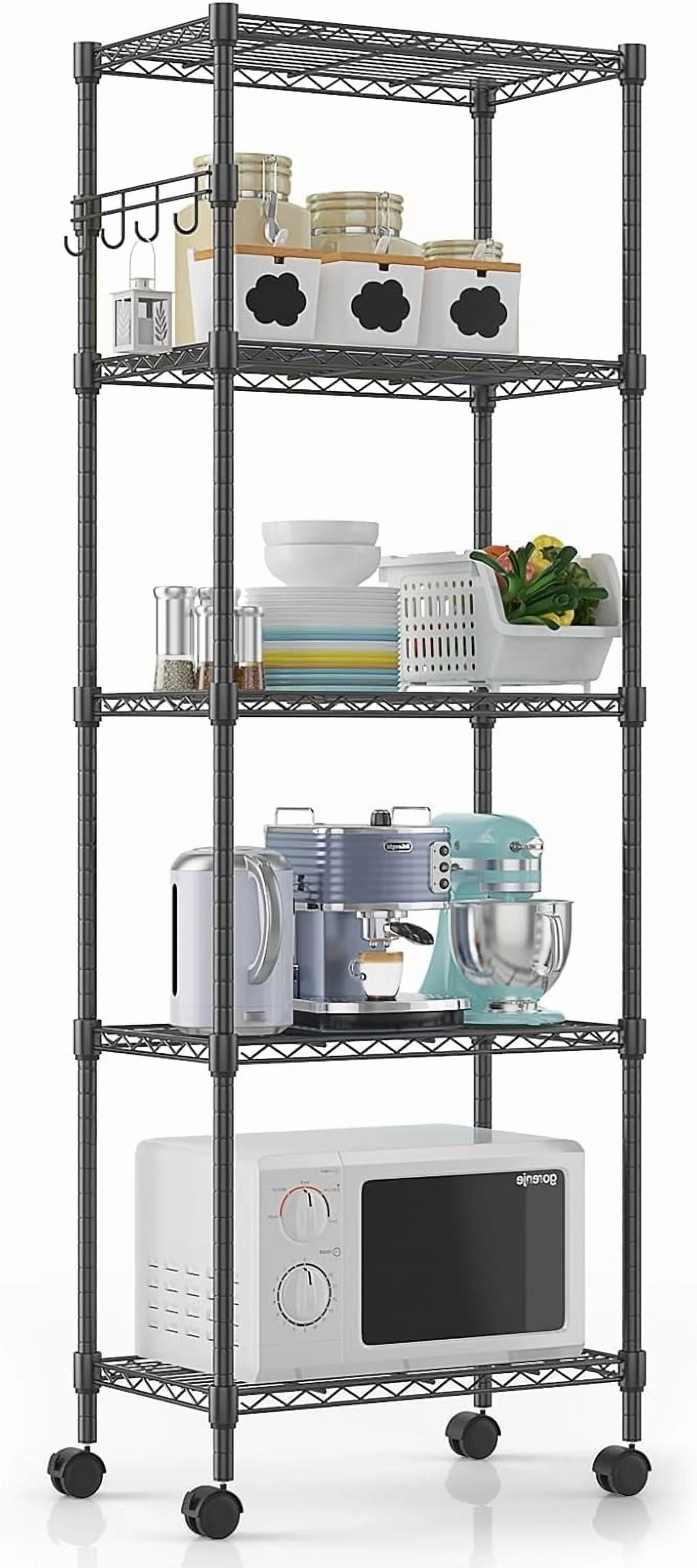 5-Tier Storage Shelf Wire Shelving Unit on Wheels, Adjustable Heavy Duty Metal Shelves with Side Hooks, Steel Rack Organization for Kitchen Garage Basement, Silver