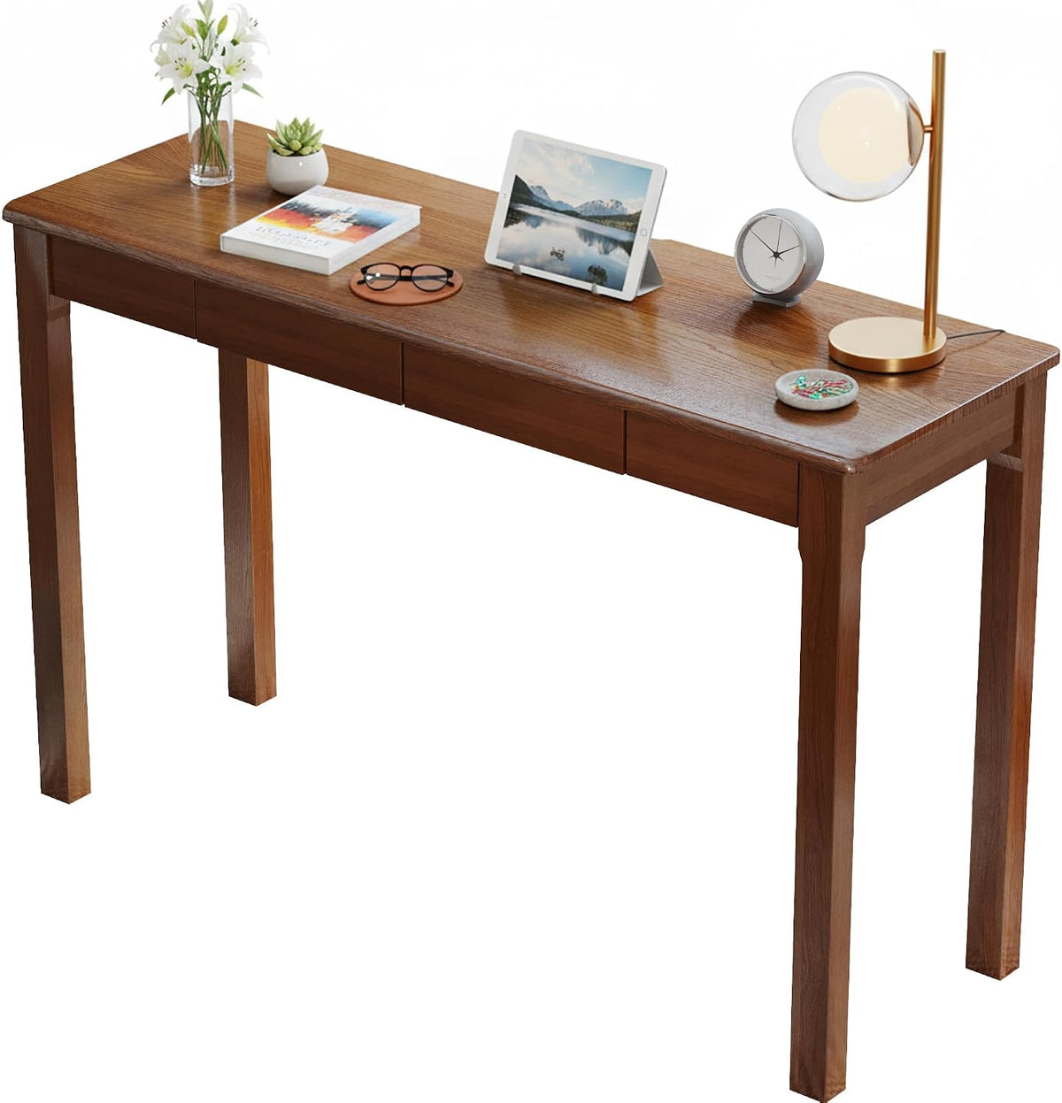 Solid Wood Desk with Drawers - 31.5" Narrow Desks for Small Spaces, Mid Century Modern Desks, Small Wooden Vintage Computer Writing Desk, Study Table for Home Office Bedroom, Walnut