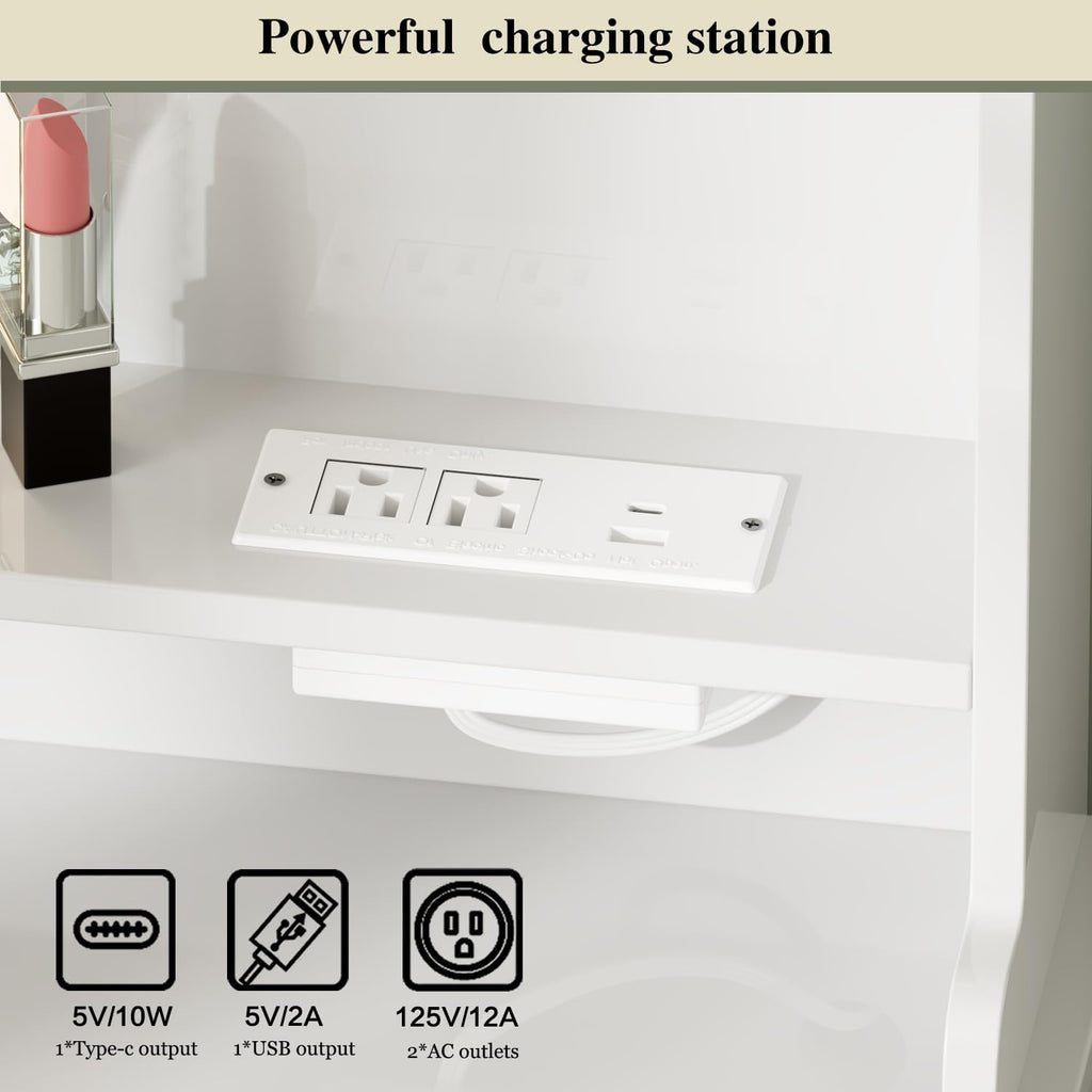 Makeup Vanity Desk with Mirror and Lights, Vanity Desk with 8 Drawers & Storage Shelves, Vanity Table with Power Outlet, 3 Color Modes & Adjustable Brightness Dressing Table, Bedroom, White
