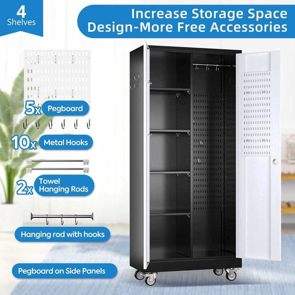 GangMei 71 Inches Tall Metal Garage Storage Cabinets with 5 Adjustable Shelves & Pegboards, Lockable Steel Black Storage Cabinet with Doors for Office, Home, School, Shops, Garage, Assembly required