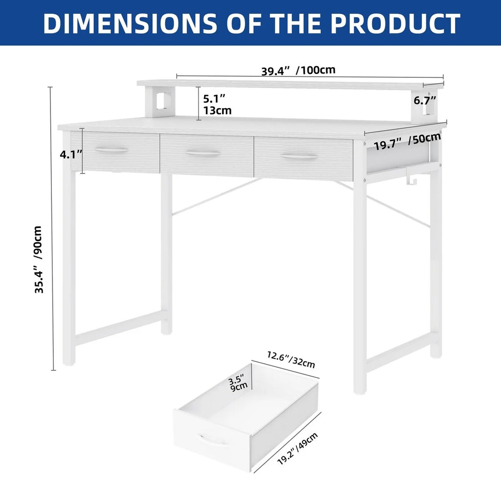Small Computer Desk with Fabric Drawers and Monitor Stand, Compact Home Office Workstation for Small Spaces
