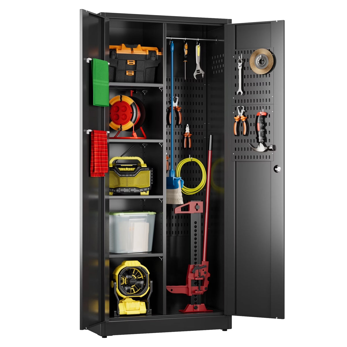 GAEANET 2 Door Metal Storage Cabinet with 5 Adjustable Shelves &Pegboard, 71" H-32" W-16" D Locking Steel Garage Cabinet, for Garage,Office,Home,Gym,School, File Cabinet,Assembly Required, Black
