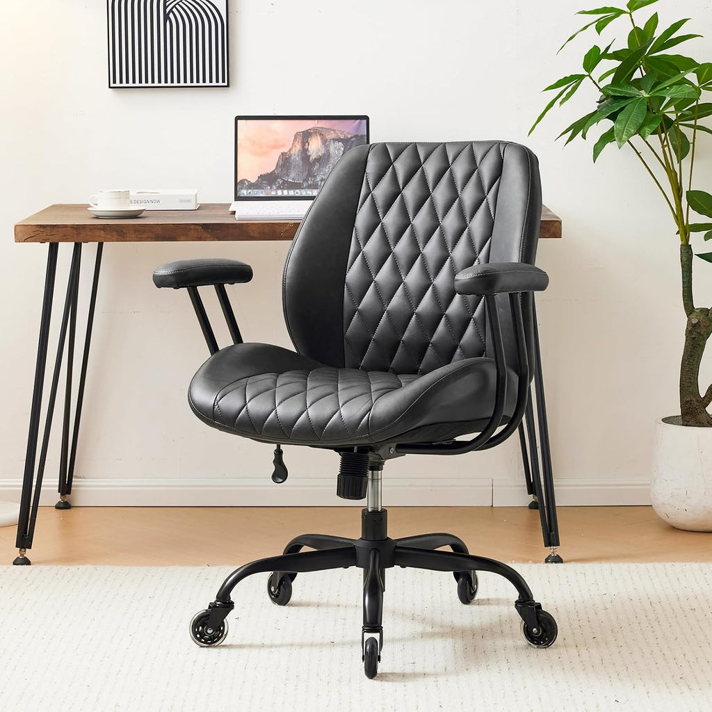 Home Office Desk Chair with Rubber Casters, Ergonomic Computer Chair with Lumbar Support, Adjustable Height Rolling Swivel Executive Task Chair with Armrests, Brown Leather