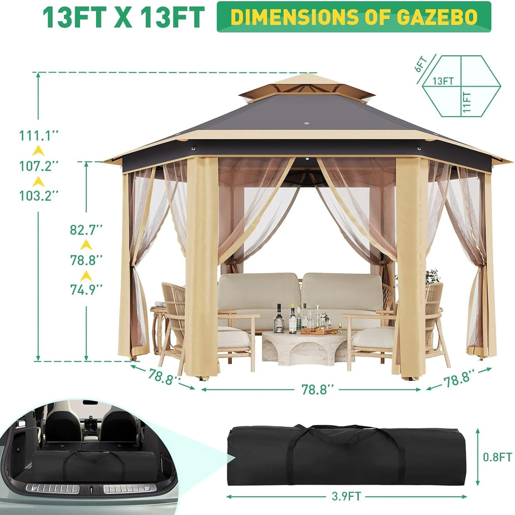 Pop Up Gazebo 13x13ft, Hexagonal Outdoor Canopy Shelter, Instant Patio Gazebo Tent with Mesh Netting and Strong Steel Frame for Patio Backyard Garden Wedding Party
