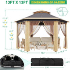 Pop Up Gazebo 13x13ft, Hexagonal Outdoor Canopy Shelter, Instant Patio Gazebo Tent with Mesh Netting and Strong Steel Frame for Patio Backyard Garden Wedding Party