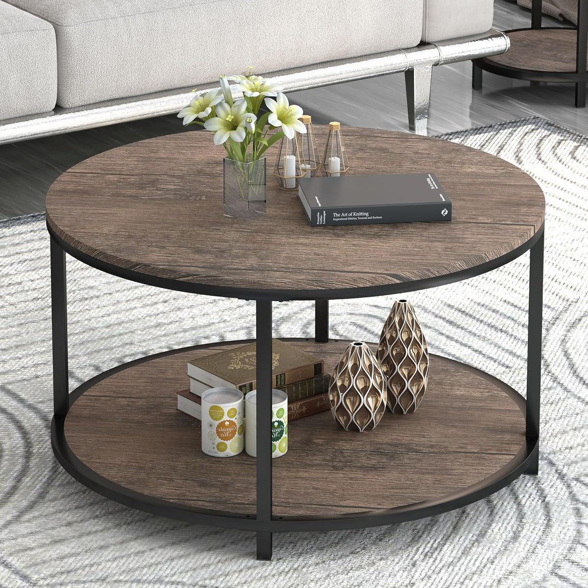Round Coffee Table, 36" Coffee Table for Living Room, 2-Tier Rustic Wood Desktop with Storage Shelf, Modern Design Home Furniture (Light Walnut)