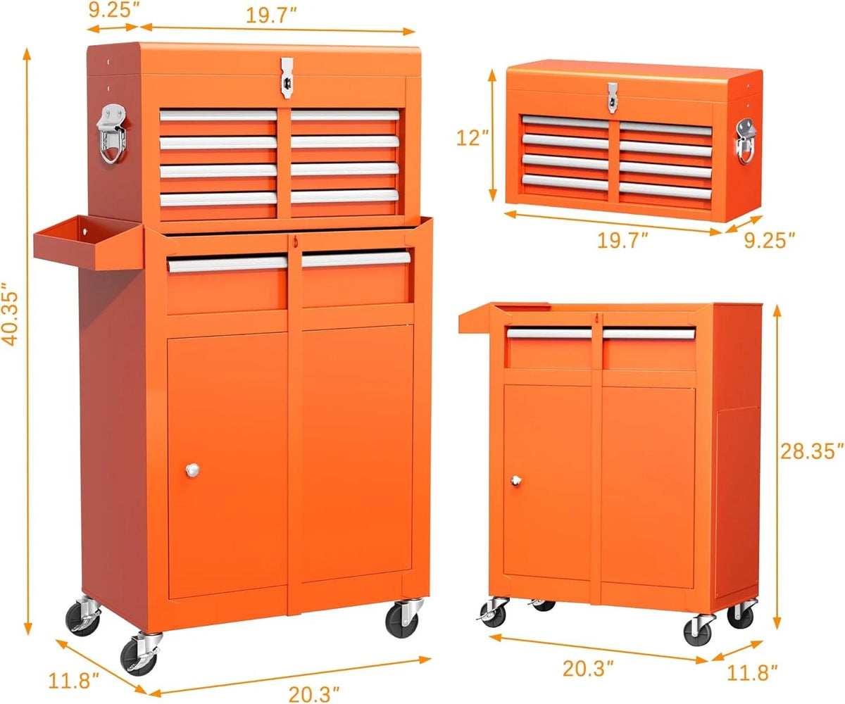 SUNCROWN 2-IN-1 Tool Chest, 8-Drawer Rolling Tool Chest with Hooks and Lockable Wheels,Metal Storage Detachable Top Tool Box with Lockable Wheels for Garage, Workshop, Art Studio(Black)