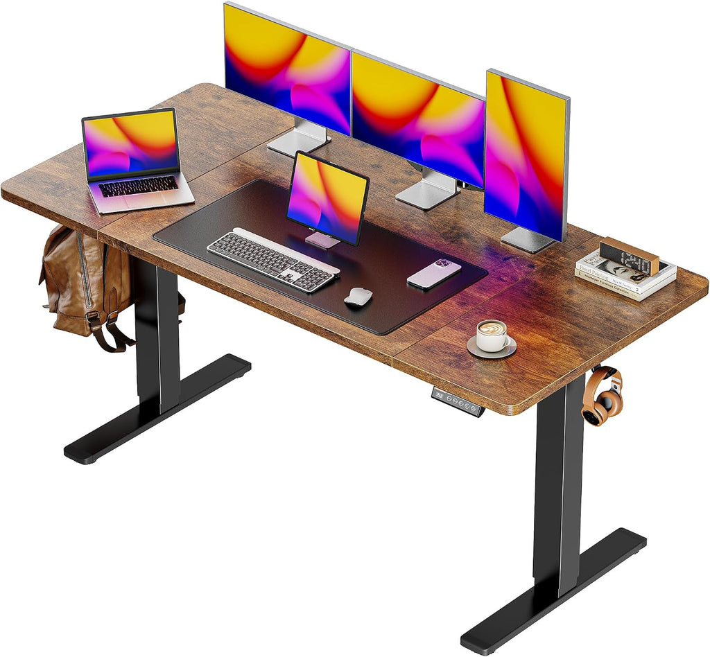 55 x 28 Large Electric Standing Desk, Height Adjustable Computer Desk, 27.6" Deep Desktop, Stand up Gaming Office Desk with 2 Hooks, 3 Preset Heights, for Home Office, Rustic Brown