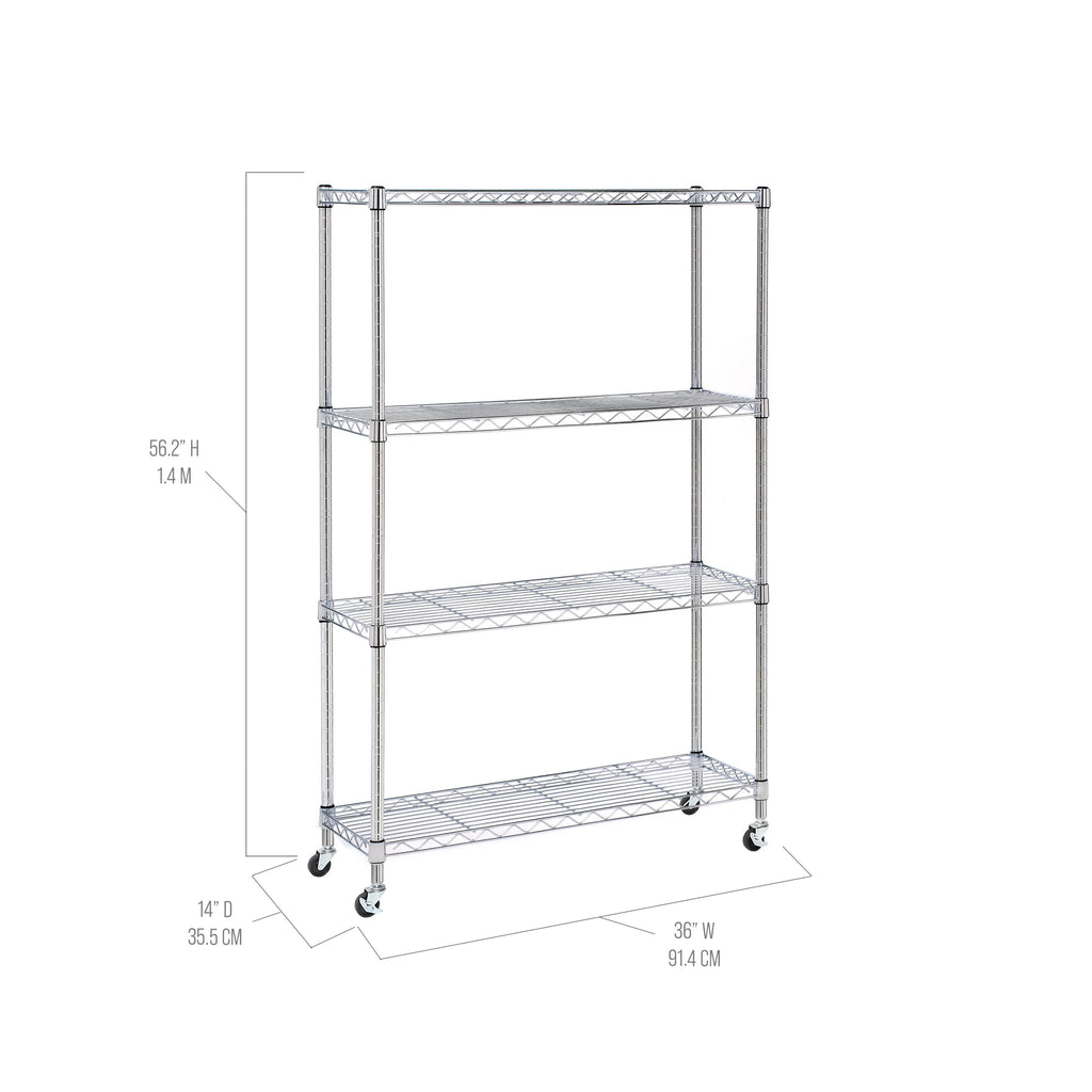 Seville Classics Solid Steel Wire Shelving Storage Unit Adjustable Shelves Organizer Rack, for Home, Kitchen, Office, Garage, Bedroom, Closet, Silver, 4-Tier, 36" W x 14" D