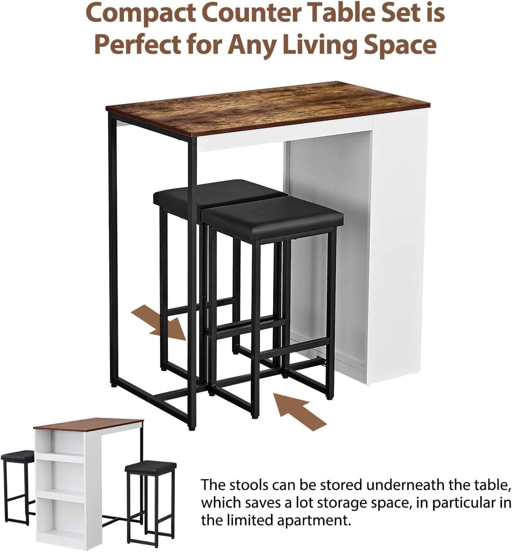 3 Piece Dining Table Set, Kitchen Bar Table with Two Stools, Storage Shelves, Wood Counter Height Table Top with Sew Kerf Finish for Dining Room, Home