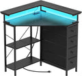 Corner Desk with Drawers Shelves for Small Space 90 Degrees Triangle Computer Desk with Power Outlets,Gaming Desk with LED Lights Monitor Stand for Home Office Workstation Writing Table (White)