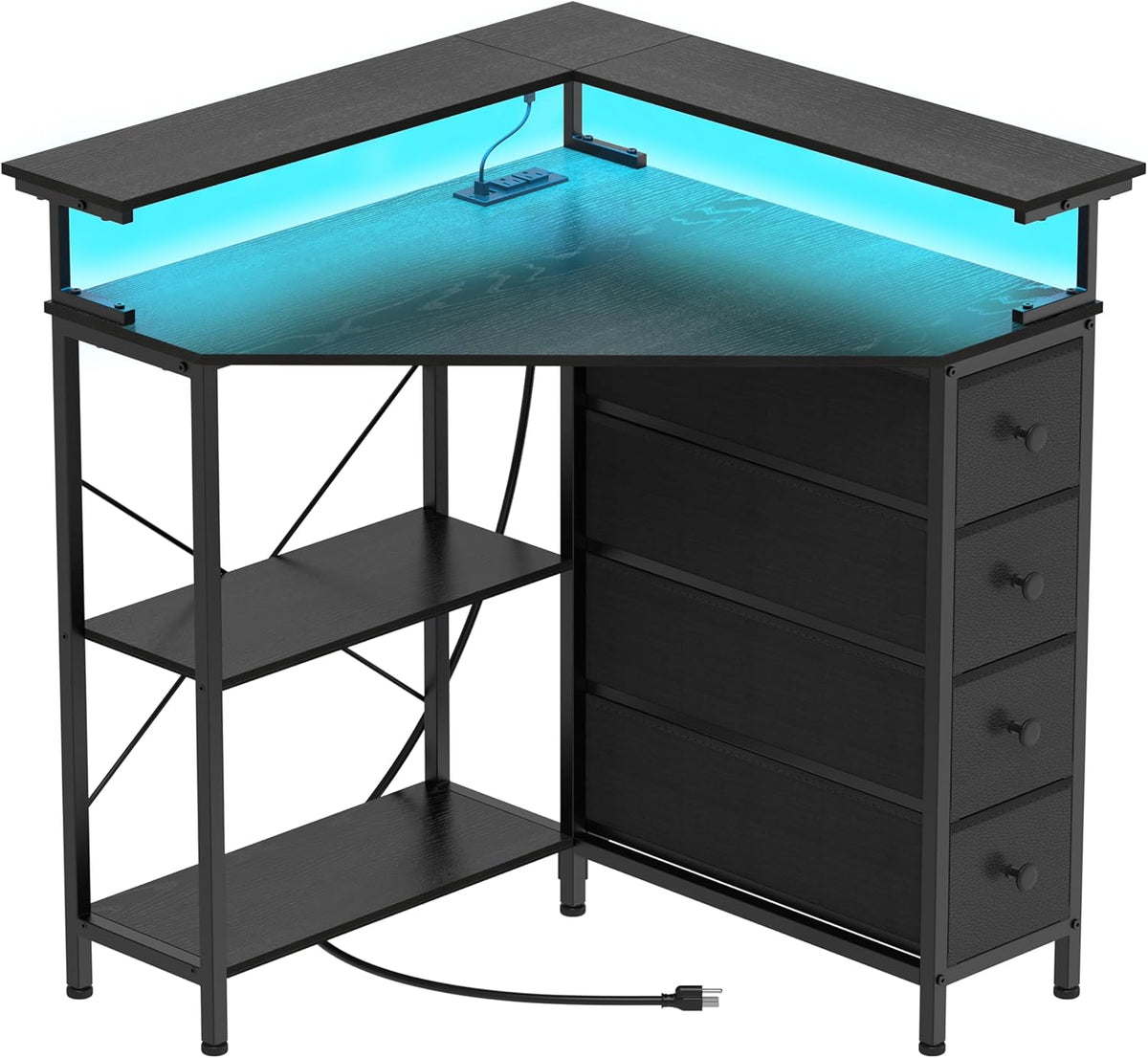 Corner Desk with Drawers Shelves for Small Space 90 Degrees Triangle Computer Desk with Power Outlets,Gaming Desk with LED Lights Monitor Stand for Home Office Workstation Writing Table (White)