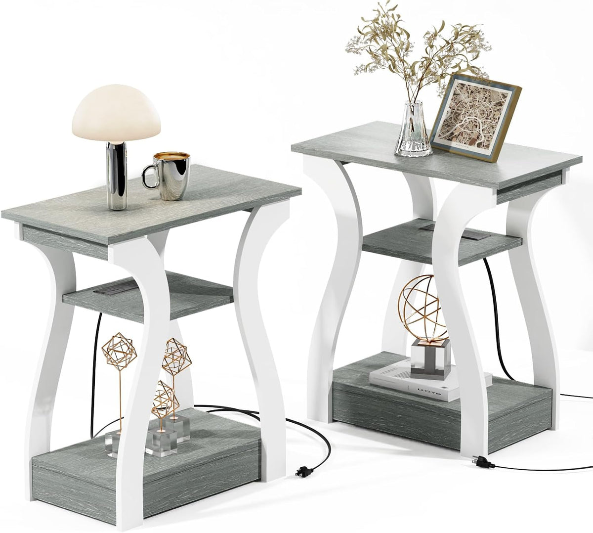 End Tables Living Room Set of 2 with Charging Station, Grey