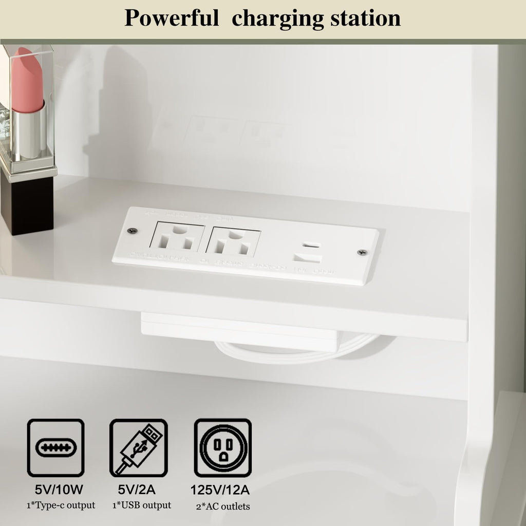 Makeup Vanity Desk with Mirror and Lights, Vanity Desk with 8 Drawers & Storage Shelves, Vanity Table with Power Outlet, 3 Color Modes & Adjustable Brightness Dressing Table, Bedroom, White