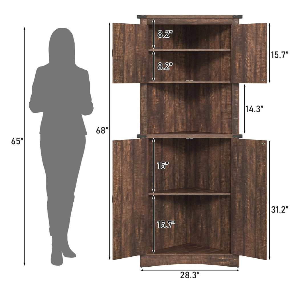 Blotout 68" Tall Farmhouse Corner Cabinet with 4 Doors, 28.3" W Barn Door Storage Cabinet with Adjustable Shelves, 5 Tier Corner Storage Cabinet for Bathroom,Living Room,Kitchen